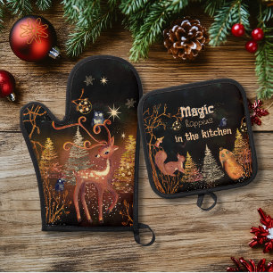 Magic Happens in the Kitchen- Whimsical Christmas Oven Mitt & Pot Holder Set