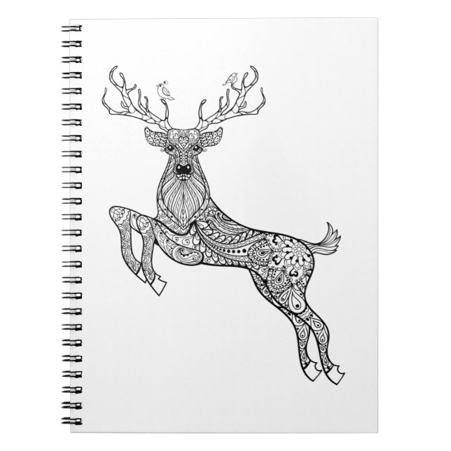 Magic Horned Deer With Birds Doodle Spiral Notebook (Front)