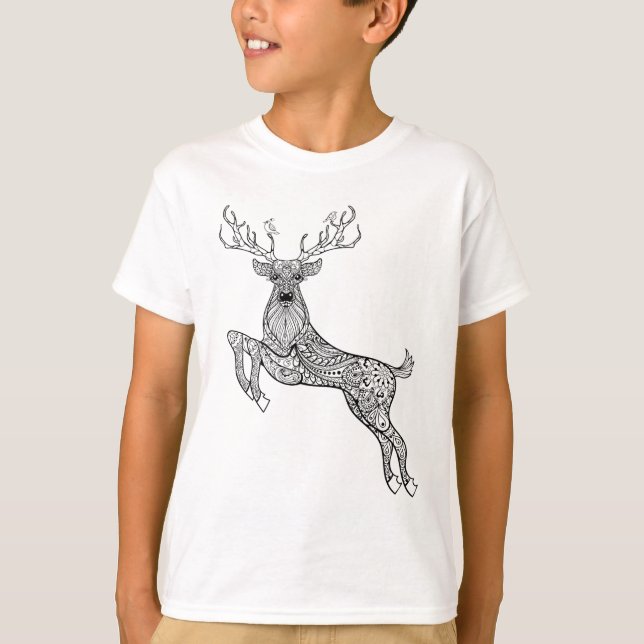Magic Horned Deer With Birds Doodle T-Shirt (Front)