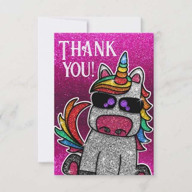 Magic Hot Pink Unicorn Glitter Whimsical Birthday Thank You Card (Front)