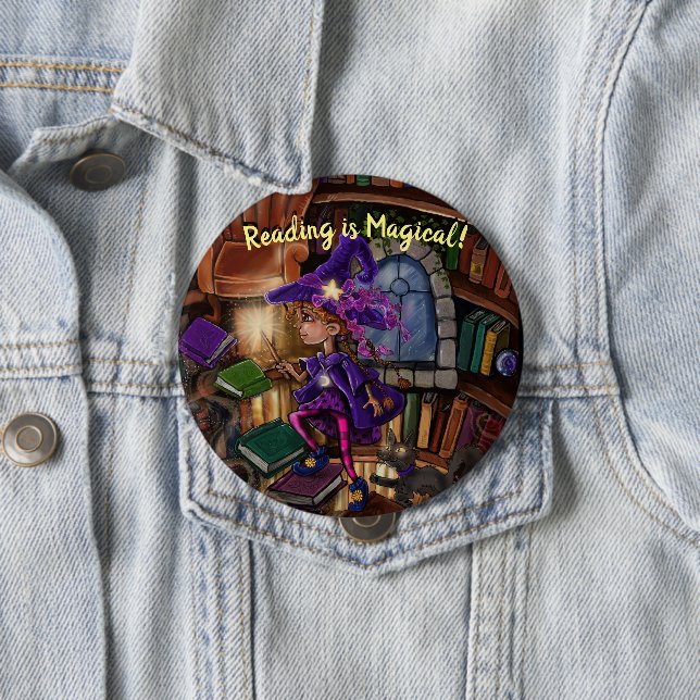 Magic In the Library 'Reading is Magical' 10 Cm Round Badge (In Situ)