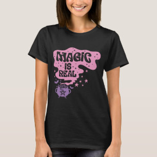 Magic Is Real Cauldron Bat Stars Black Halloween T-Shirt