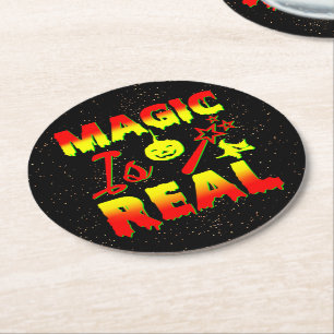 Magic Is Real Halloween Pumpkin Witch Spell Wand Round Paper Coaster