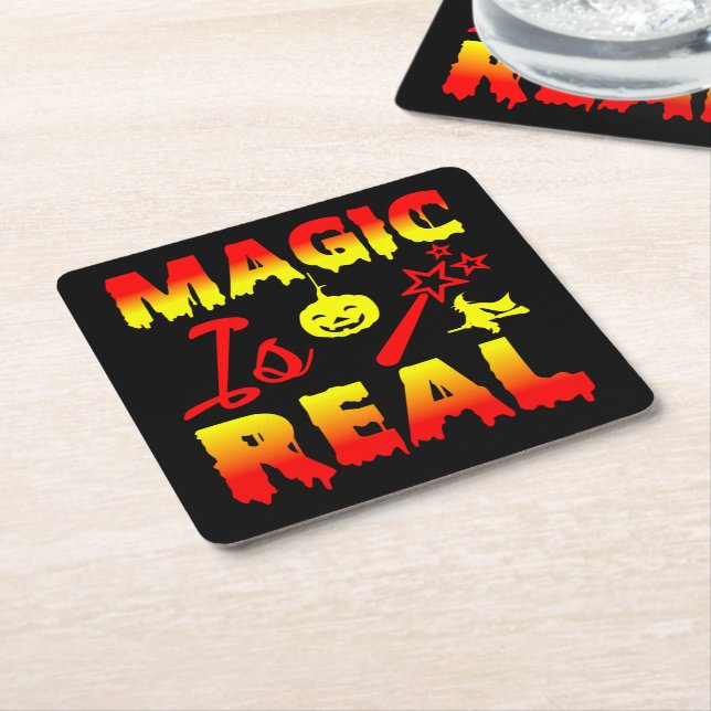 Magic Is Real Halloween Pumpkin Witch Spell Wand Square Paper Coaster (Angled)