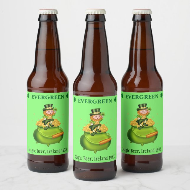 Magic leprechaun & pot of gold on neo mint green beer bottle label (Bottles)