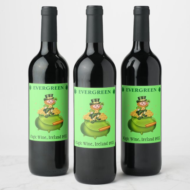 Magic leprechaun & pot of gold on neo mint green wine label (Bottles)