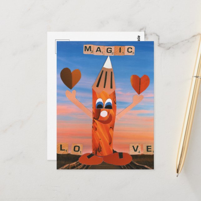 Magic Love! Funny pencil sends love Postcard (Front/Back In Situ)