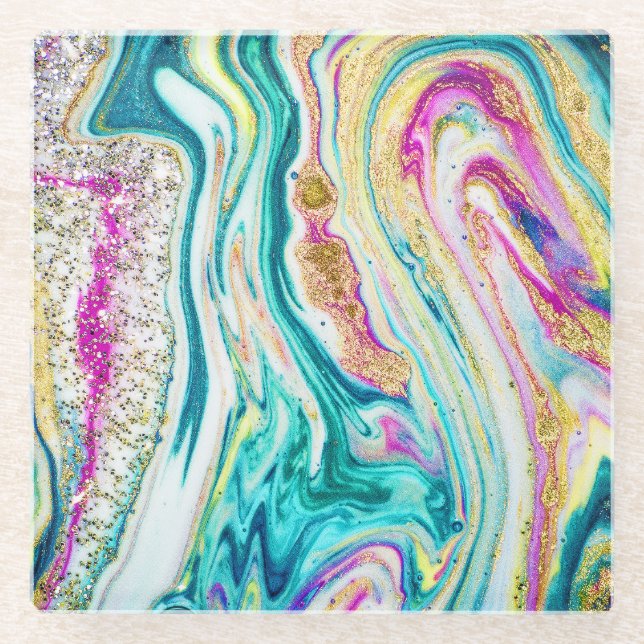 Magic Marbling: Metallic Paint Design. Glass Coaster (Front)