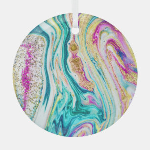 Magic Marbling: Metallic Paint Design. Glass Tree Decoration
