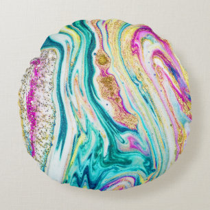 Magic Marbling: Metallic Paint Design. Round Cushion