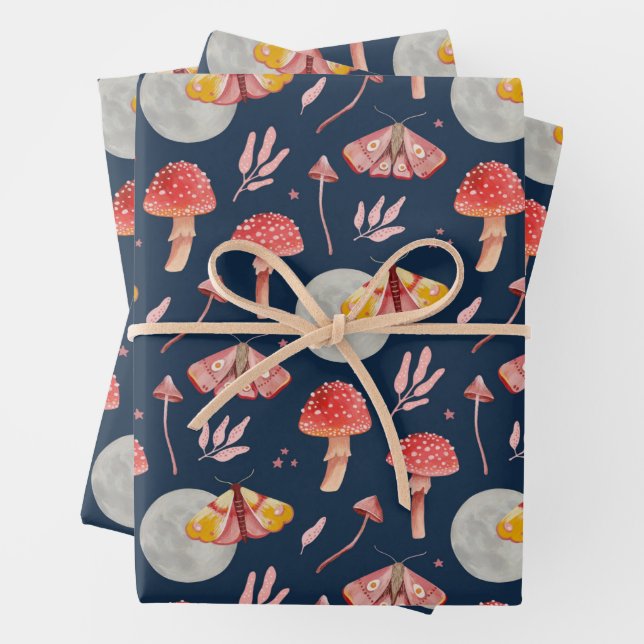 Magic moth and mushroom pattern. Woodland night Wrapping Paper Sheet (In situ)