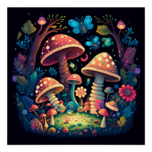 Magic mushrooms butterflies poster