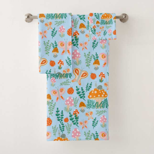 Magic Mushrooms Cute Butterflies Snails Ladybugs Bath Towel Set (Insitu)