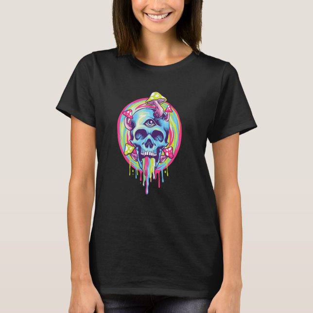 Magic Mushrooms Skull Trippy Graphic T-Shirt (Front)