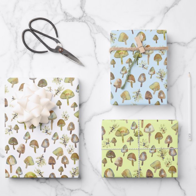 Magic Mushrooms Watercolor Forest Pattern Gift Wrapping Paper Sheet (Front)