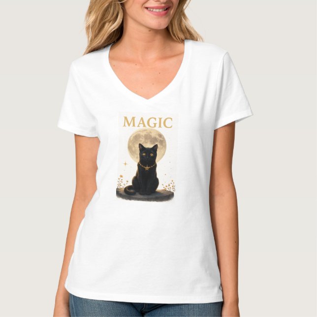 MAGIC – Mystic Black Cat & Full Moon Design T-Shirt (Front)