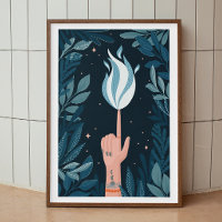 Magic night blue navy flame. Fire light spirit art
