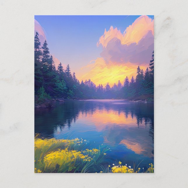 Magic of a Sunset at a Serene Forest Lake Holiday Postcard (Front)