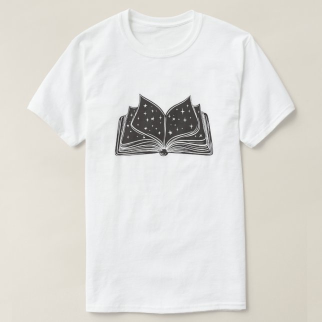 Magic Open Spellbook – Stars and Wizardry T-Shirt (Design Front)