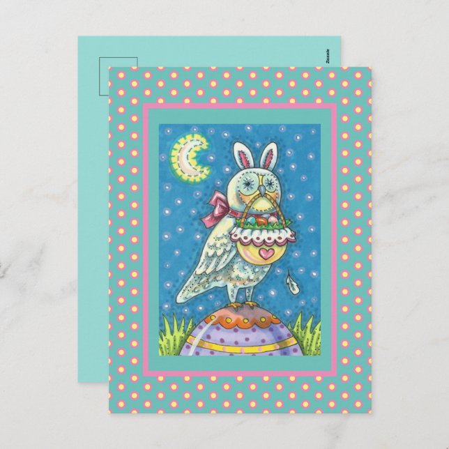 MAGIC OWL & EASTER BASKET, WHIMSICAL FOLK ART BIRD HOLIDAY POSTCARD (Front/Back)