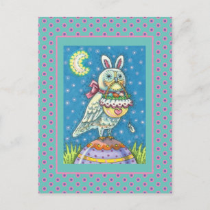 MAGIC OWL & EASTER BASKET, WHIMSICAL FOLK ART BIRD HOLIDAY POSTCARD