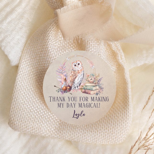 Magic Owl Girl Wizard Thank You Classic Round Sticker (Creator Uploaded)