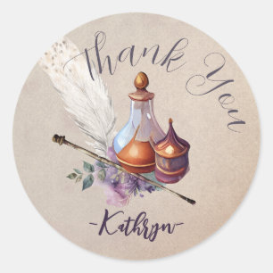 Magic Owl Wizard Watercolor Thank You Classic Round Sticker