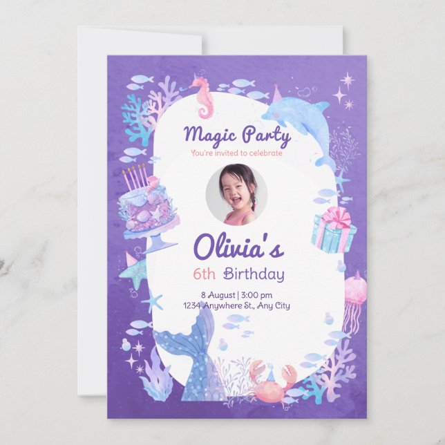 Magic party mermaid theme birthday celebration  invitation (Front)