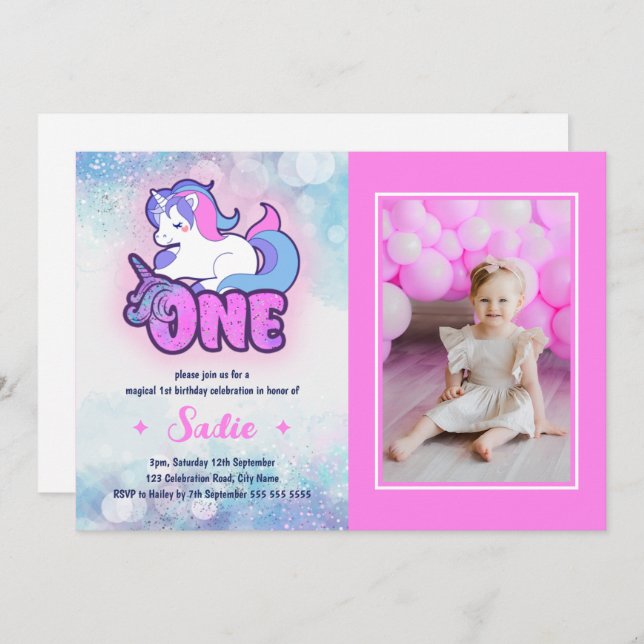 Magic Pink Purple Unicorn 1st Birthday Photo Invitation (Front/Back)
