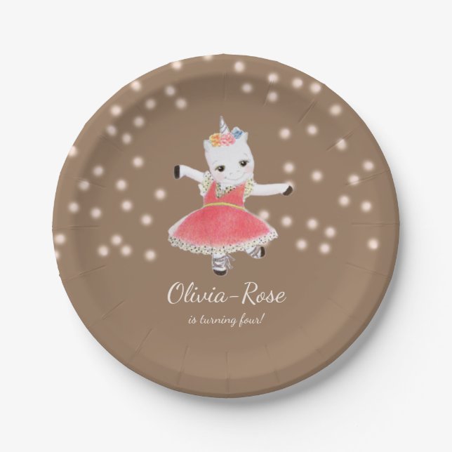 Magic Pink Unicorn Ballerina Girl Birthday Paper Plate (Front)