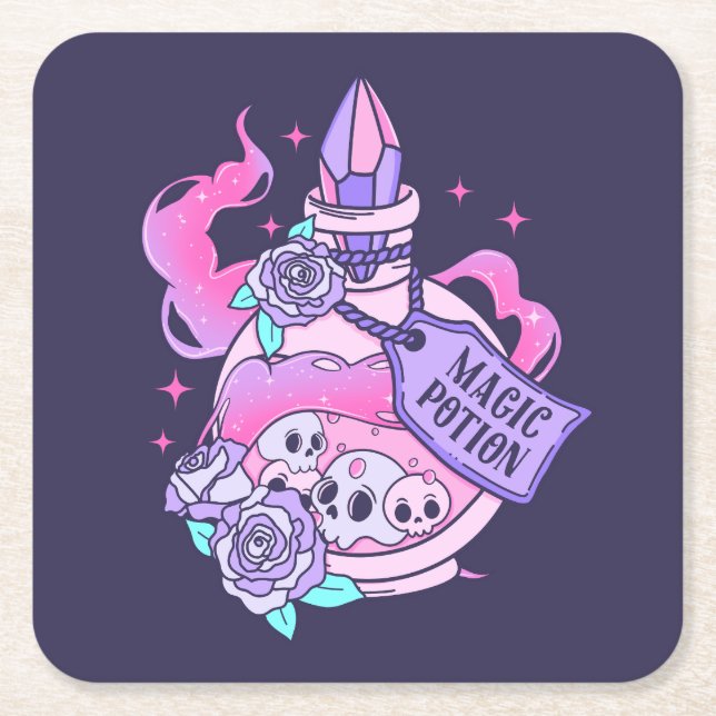 Magic Potion Cute Pink Halloween Potion Bottle Square Paper Coaster (Front)