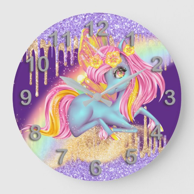 Magic rainbow ice unicorn pink purple glitter large clock (Front)