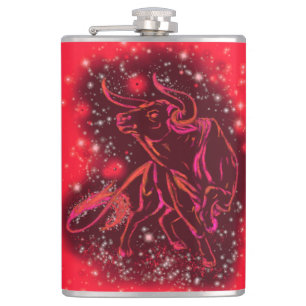 Magic Red Neon Bull Running - Amazing Starry Night Hip Flask