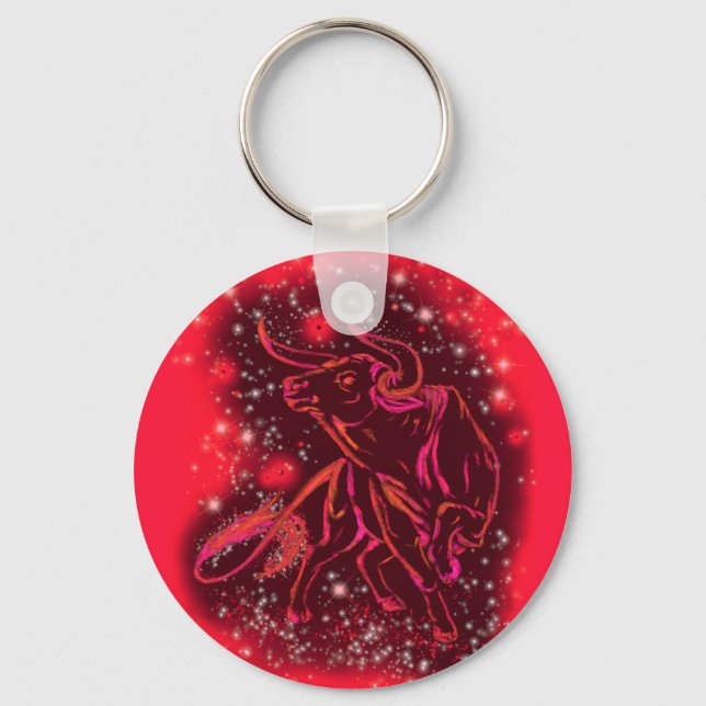 Magic Red Neon Bull Running - Amazing Starry Night Key Ring (Front)