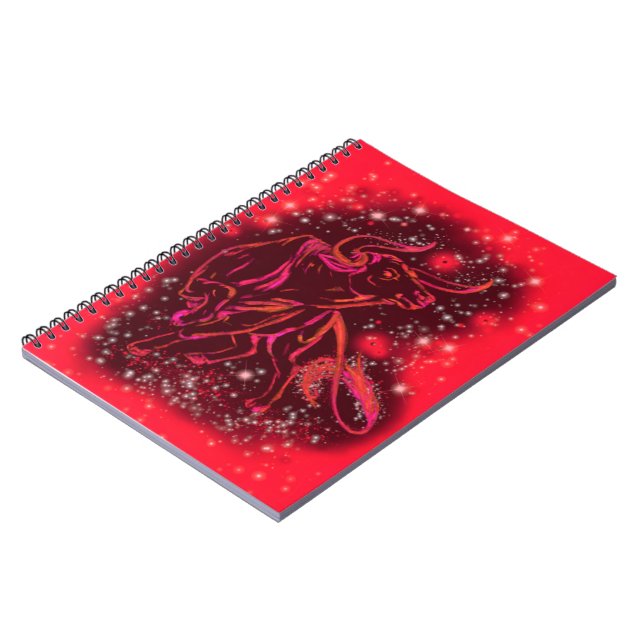 Magic Red Neon Bull Running - Amazing Starry Night Notebook (Left Side)