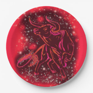 Magic Red Neon Bull Running - Amazing Starry Night Paper Plate