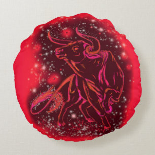 Magic Red Neon Bull Running - Amazing Starry Night Round Cushion