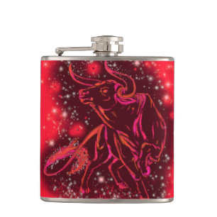 Magic Red Neon Bull Running At Starry Nigh Hip Flask