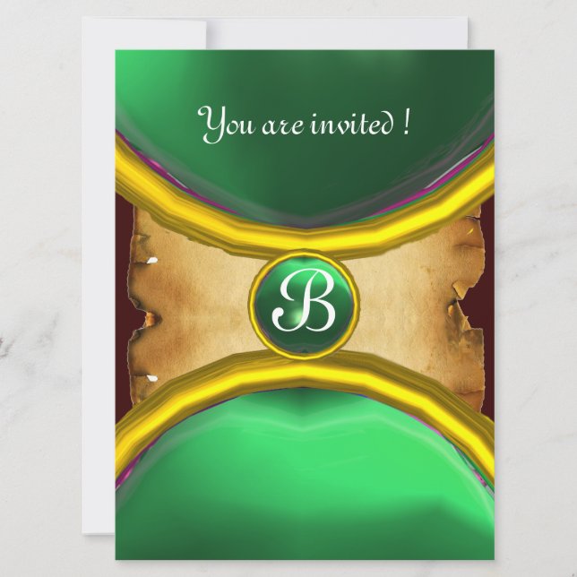 MAGIC RINGS ,MONOGRAM parchment gem green Invitation (Front)