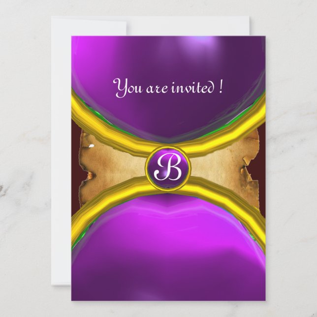 MAGIC RINGS ,MONOGRAM parchment gem purple Invitation (Front)