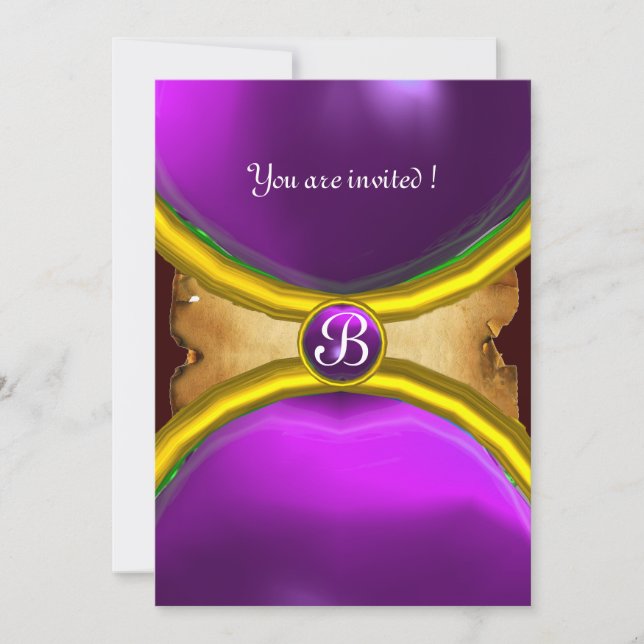 MAGIC RINGS ,MONOGRAM parchment gem purple Invitation (Front)