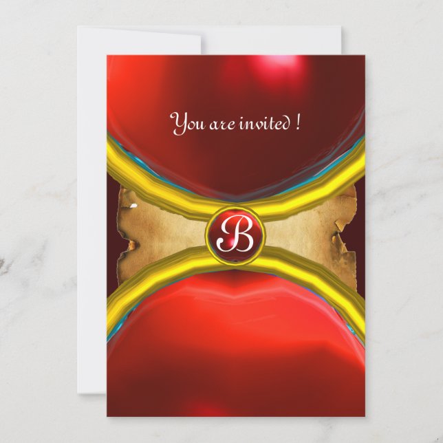 MAGIC RINGS ,MONOGRAM parchment gem red Invitation (Front)