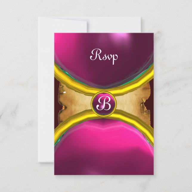MAGIC RINGS ,MONOGRAM parchment rsvp gem pink Invitation (Front)