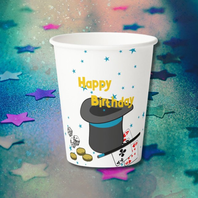 Magic Show Black White Blue Birthday Party Paper Cups (Magic Show Black White Blue Birthday Party Paper Cups, Happy Birthday, Custom Text, Color)