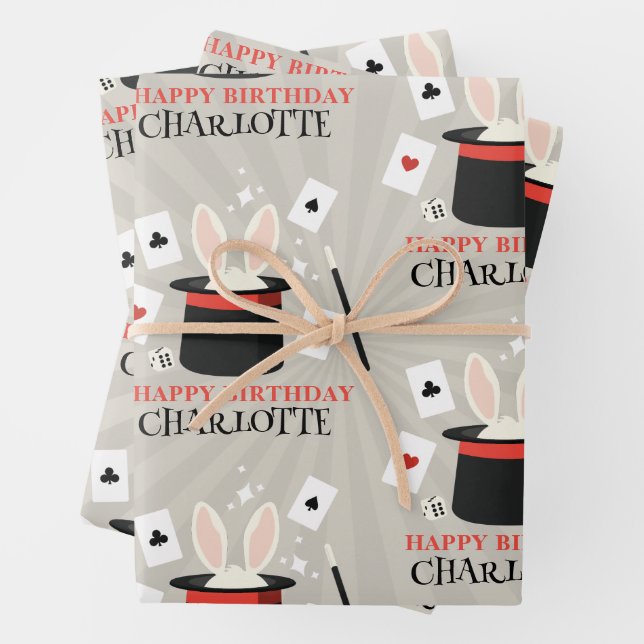 Magic Show Magician Kids Birthday Custom Name Wrapping Paper Sheet (In situ)