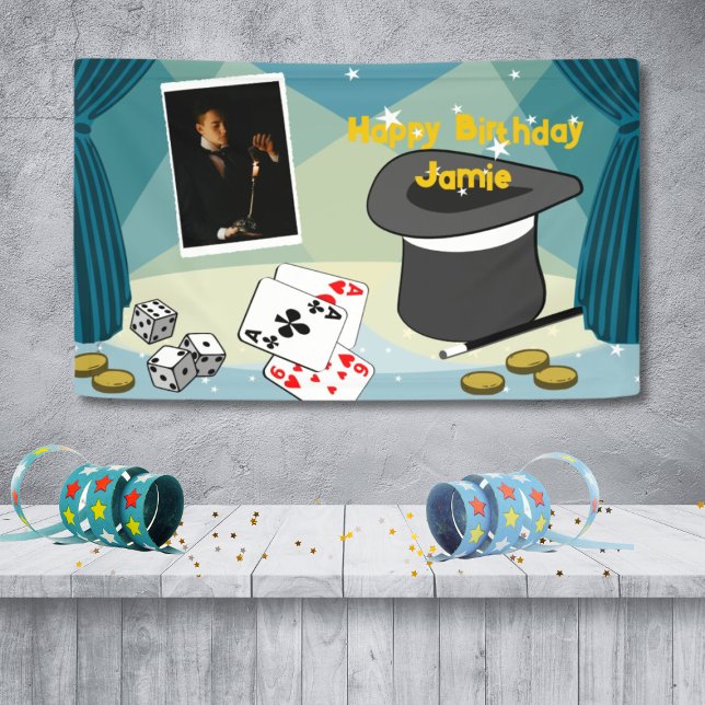 Magic Show Stage Happy Birthday Name Blue Banner (Magic Show Stage Happy Birthday Name Blue Banner, Custom Photo, Text, Color)