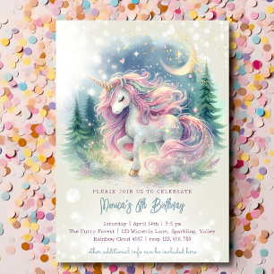 Magic sparkling whimsical unicorn kids birthday invitation