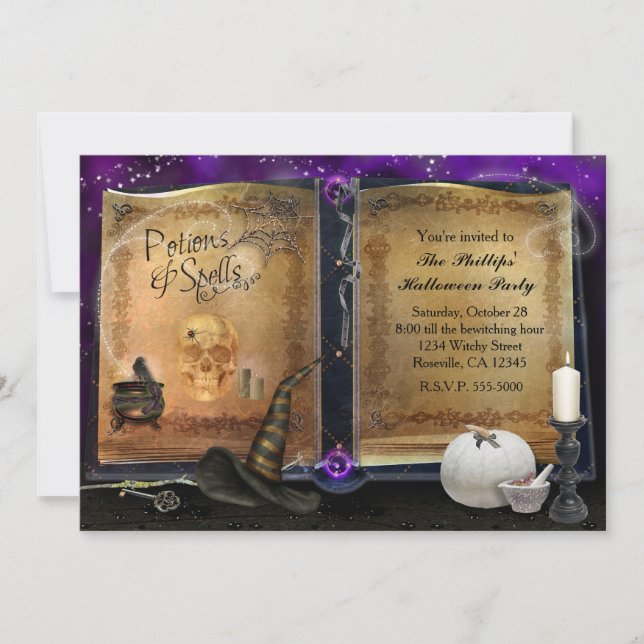 MAGIC SPELL BOOK Halloween Witch Invitation #2 (Front)