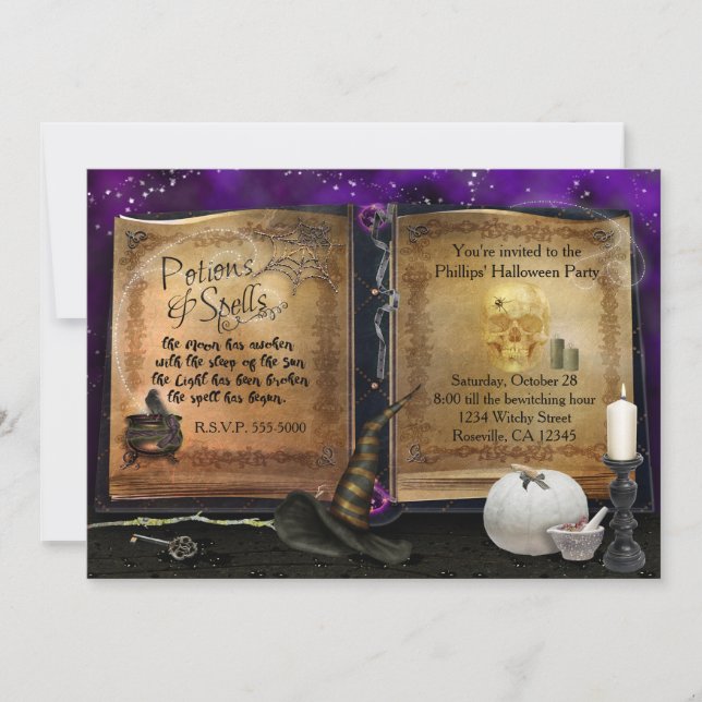 MAGIC SPELL BOOK Halloween Witch Party Invitation (Front)