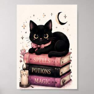 Magic Spell Books Witchy Black Cat Poster